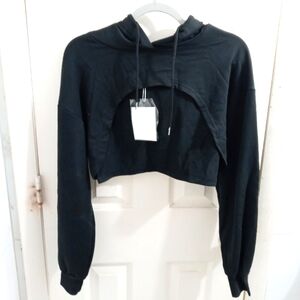 Black Drop Shoulder Drawstring Super Crop Hoodie Top Size Large